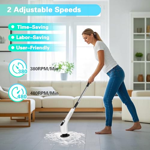 Electric Spin Scrubber, Waterproof Cordless Shower Cleaning Brush with Replaceable Brush Heads and Adjustable Extension Handle 2 Speeds for Bathtub Kitchen Wall Cleaning
