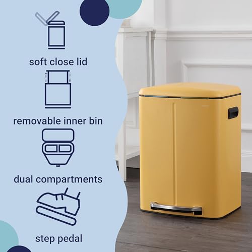 happimess HPM1005L Marco Rectangular 10.6-Gallon Double Bucket Trash Can with Soft-Close Lid, Daffodil Yellow, Fingerprint Resistant, Modern, Minimalistic for Home, Kitchen, Office, Bedroom, Bathroom - color: Daffodil Yellow