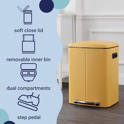happimess HPM1005L Marco Rectangular 10.6-Gallon Double Bucket Trash Can with Soft-Close Lid, Daffodil Yellow, Fingerprint Resistant, Modern, Minimalistic for Home, Kitchen, Office, Bedroom, Bathroom - color: Daffodil Yellow