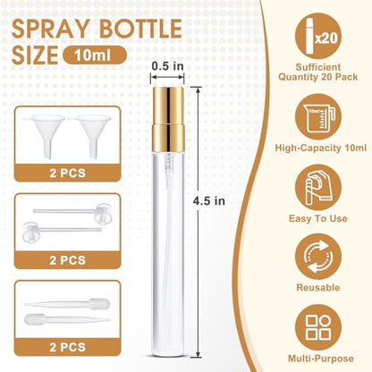 Mini Glass Spray Bottle 20pcs 10ml Clear Spray Bottle Empty, Fine Mist Refillable Mini Perfume Spray Bottle, Perfume Atomizer, Travel Spray Bottle For Hair, Small Empty Sample Containers Portable - style: Spray Bottle10ml-20P