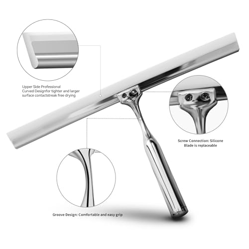 Shower Squeegees Stainless Steel with Self Adhesive Hook Window Squeegees for Shower Doors Bathroom Mirror Wiper, Window Glass Cleaning - size: 14 Inches