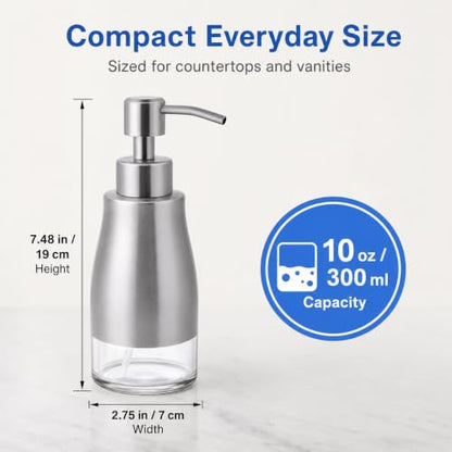 Non-Slip Soap Dispenser with Brushed Nickel Stainless Steel Case, Glass Liner, and Hand Pump for Kitchen/Bathroom. Refillable Liquid Soap Dispenser, 11oz/320ml Capacity. - color: Brushed Nickel, size: 300ml