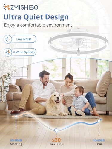 ZMISHIBO Ceiling Fans with Lights and Remote, 19.7'' Low Profile Ceiling Fan, 3000-6000K Dimmable Modern Flush Mount LED Fan Light, 6 Wind Speeds, White Fandelier Ceiling Fans for Bedroom - color: White, size: 19.7 INCH