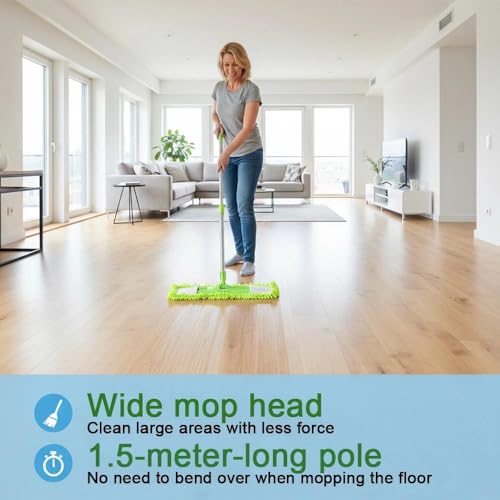 Dust Mop for Floor Cleaning with 2 Washable Chenille Pads and Extendable 58” Long Handle, Dry Wet Flat Mop with Scouring Pad for Hardwood, Laminate, Tile, Marble (Green) - color: Green