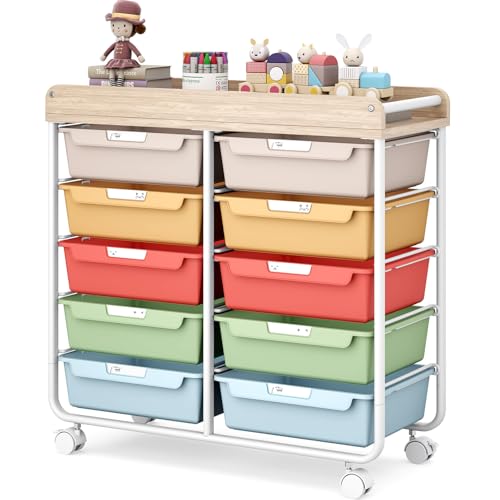 10 Drawers Rolling Cart with Wooden Tabletop, Utility Storage Cart with Wheels, Art Supply Craft Organizer on Wheel with Metal Frame & Handles for Home Office School,Colorful - color: Colorful