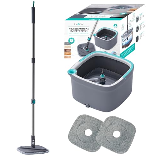 True & Tidy® SPIN-800 TrueClean Mop and Bucket System Upgraded Version w/Side Brush & Self-Standing Handle, Self Wringing Spin Mop w/Separate Compartments for Clean and Dirty Water - color: Gray New