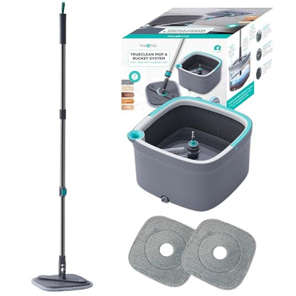True & Tidy® SPIN-800 TrueClean Mop and Bucket System Upgraded Version w/Side Brush & Self-Standing Handle, Self Wringing Spin Mop w/Separate Compartments for Clean and Dirty Water - color: Gray New