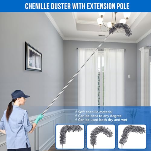 UIMO Microfiber Feather Duster 5-in-1 Kit for Dusting and Cleaning – 30–100" Extension Pole, Anti-Slip Grip, Bendable Washable Heads for Ceiling Fan, Furniture, Car (Blue) - color: Blue