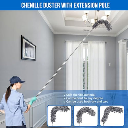 UIMO Microfiber Feather Duster 5-in-1 Kit for Dusting and Cleaning – 30–100" Extension Pole, Anti-Slip Grip, Bendable Washable Heads for Ceiling Fan, Furniture, Car (Blue) - color: Blue