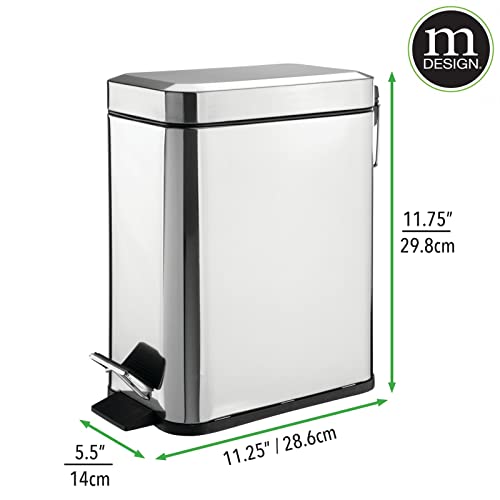 mDesign Small Modern 1.3 Gallon Rectangle Metal Lidded Step Trash Can, Compact Garbage Bin with Removable Liner Bucket and Handle for Bathroom, Kitchen, Craft Room, Office, Garage - Chrome - color: Chrome, size: 1.3 Gallon