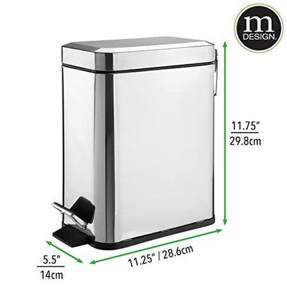 mDesign Small Modern 1.3 Gallon Rectangle Metal Lidded Step Trash Can, Compact Garbage Bin with Removable Liner Bucket and Handle for Bathroom, Kitchen, Craft Room, Office, Garage - Chrome - color: Chrome, size: 1.3 Gallon