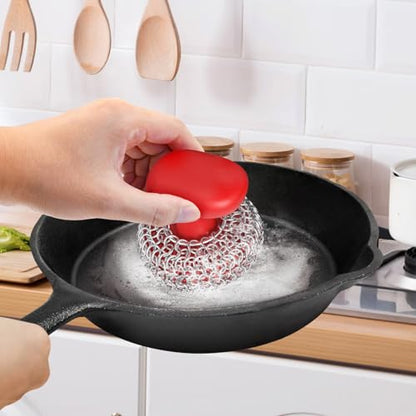Cast Iron Scrubber | Dish Scrub Brush | 316 Cast Iron Cleaner Chainmail Scrubber for Pan Skillet Cleaner - Red - color: Red