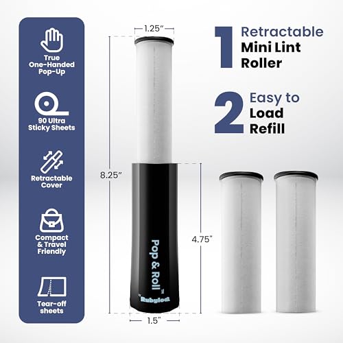 Mini Lint Roller for Pet Hair Extra Sticky (1 Pack + 2 Refill Rolls) - Travel Size Pet Hair Roller with Retractable Cover - Cat & Dog Fur Remover for Clothes - size: 1 Pack with 2 Refills