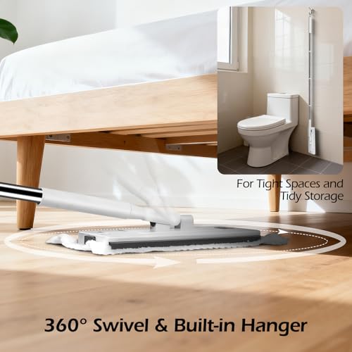 MASTERTOP Hands Free Flat Mop with Mini Sweeper Mop,2-in-1 Disposable Dust Mop with 47" Long Handle,Microfiber Mops for Floor Cleaning,No-Touch, Multi Surface Floor Cleaning - color: White(11"*4.5")