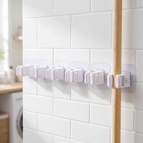 5pcs Strong Adhesive Wall Mount No-Drill Mop & Broom Holder-White - color: White