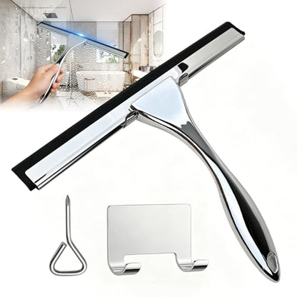 Hotel Grade Stainless Steel Squeegee 10 Inch with Adhesive Hooks - Commercial Shower Squeegee for Hotel Bathroom Glass Door Mirror Tile, Streak-Free Multi-Purpose Cleaning Tool for Hotel Use, Silver