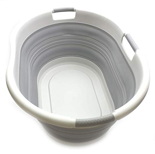 SAMMART 57L (15 Gallons) Collapsible 3-Handled Plastic Laundry Basket - Oval Tub - Portable Washing Tub-Space Saving Laundry Hamper, Water Capacity 44L / 11.6 Gallon (1, Grey) - color: Grey