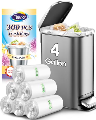 Teivio Small Trash Bags 4 Gallon 300 Counts Garbage Bags, Bathroom Trash Can Bin Liners, Small Plastic Bags for home office kitchen, fit 12-15 Liter, 3,3.5,4.5 Gal, Clear - size: 1 Count (Pack of 300), style: 300pcs-4 Gallon-Clear