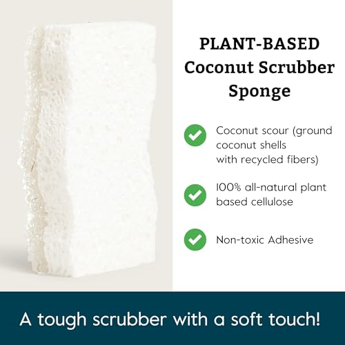 Grove Co. Coconut Scrubber Sponges, 6 Count, Dual Sided, Non-Scratch | 100% Plant-Based Cellulose; Super Absorbent; Removes Tough Messes; Easy to Clean