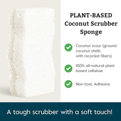 Grove Co. Coconut Scrubber Sponges, 6 Count, Dual Sided, Non-Scratch | 100% Plant-Based Cellulose; Super Absorbent; Removes Tough Messes; Easy to Clean