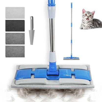 Electrostatic Dust Clip-On Mop for Pet Hair, 57" Adjustable Long Handle, 360° Rotating Head, 2 Reusable Static Cloths, 2 Microfiber Cloths & 1 Scraper, Ideal for Pet Loose Hair & Daily Dust Cleaning - color: blue