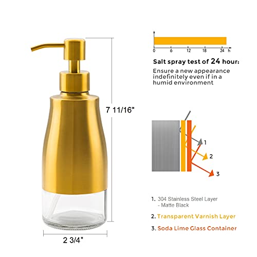 Gaussra Soap Dispenser with Coaster and Stickers, Brushed Gold Stainless Steel Glass Hand Pump Dispenser, Anti Rust Bottle, for Kitchen & Bathroom Detergent Bottle，Refillable Hand Liquid Dispenser - color: Brushed Gold