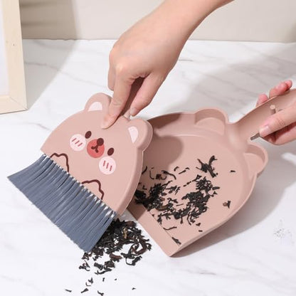 Portable Hand Broom and Dustpan Set, Cute Mini Dustpan and Brush with Bear Pattern, Small Cartoon Space Cleaning Tool for Home Office Desktop Car Camping Kitchen Tabletop (Brown) - color: Brown