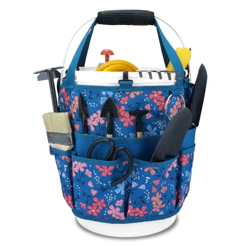 KUNN Bucket Organizer 5 Gallon 18-Pocket Tool Bucket Bag with 6 Hooks, Gardening Tool Holder Caddy for Gardeners, Outdoor Yard Work, Soil Plant Flower Gardening Accessories with Grip Pad, Blue - style: Blue Floral