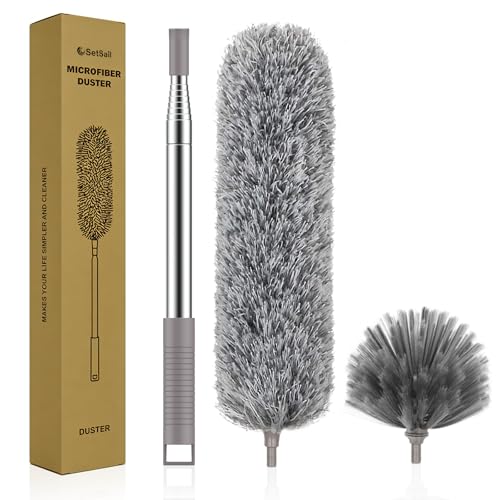 SetSail Dusters for Cleaning, 100-inch Extra-Long Cobweb Duster with Extension Pole, Bendable Microfiber Head & Cobweb Brush Washable Ceiling Fan Cleaner Duster Kit for High Ceilings, Corner - color: Gray, size: Cobweb Brush&Duster