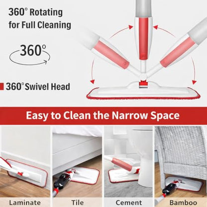 Spray Mop for Floor Cleaning with Refillable Bottle (14 oz), 3 Washable Microfiber Pads & Scraper – Lightweight 360° Rotating Mop, No Batteries, Streak-Free Cleaning for Hardwood, Tile & Laminate