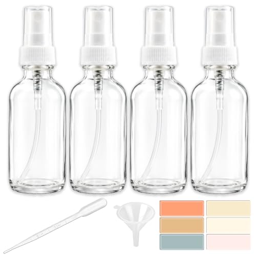 4 Pack 2oz Clear Glass Spray Bottles, Fine Mist Refillable Atomizer for Essential Oils, Perfume, Hair, Face & Travel | Leak-Proof Mini Empty Spritzer Bottles with Labels, Funnel & Pipette (60ml) - color: Clear