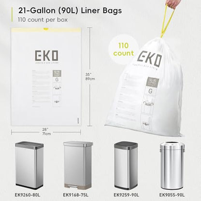 EKO 21 Gallon / 50-90 Liter,110 CountDrawstring Trash Bags, Extra-Strong Unscented Garbage Bags, Easy-Dispense Roll for Kitchen & Household Use, Resists Tears, Leaks and Punctures, Code G, White - size: 110 Count (Pack of 1), style: 21 Gallon Bags/Code G