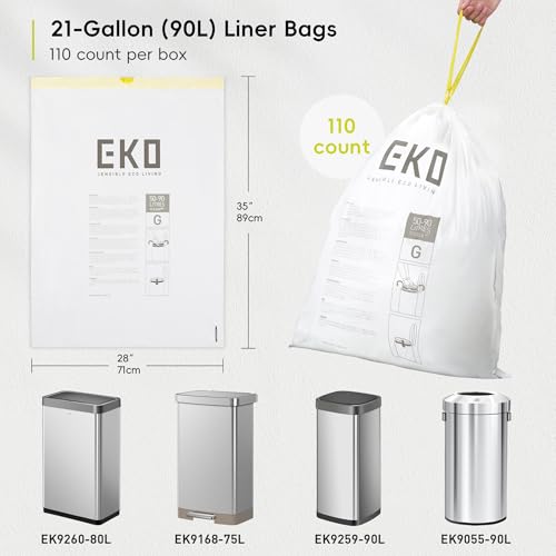 EKO 21 Gallon / 50-90 Liter,110 CountDrawstring Trash Bags, Extra-Strong Unscented Garbage Bags, Easy-Dispense Roll for Kitchen & Household Use, Resists Tears, Leaks and Punctures, Code G, White - size: 110 Count (Pack of 1), style: 21 Gallon Bags/Code G