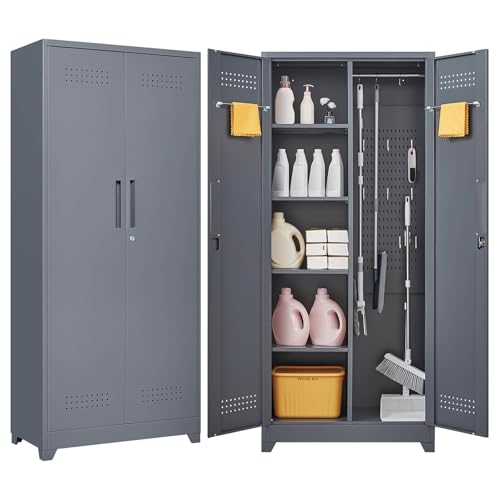 Tall Metal Storage Cabinet with Locking Doors, 72" Heavy Duty Garage Cabinet with Shelves and Hanging Rod, Broom Closet & Cleaning Tool Organizer for Home, Office, Utility Room, (Grey, 72" H) - color: Grey