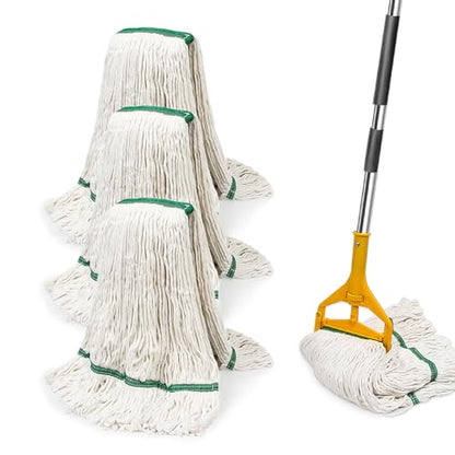 3 Pack Heavy Duty Commercial Industrial Mop Replacement Heads with 48'' Long Handle, 20oz Looped-End String Wet Cotton Mops Refills for Home,Garage,Office and Kitchen