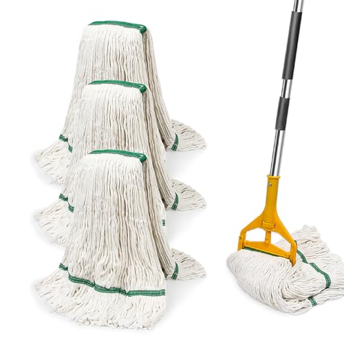 3 Pack Heavy Duty Commercial Industrial Mop Replacement Heads with 48'' Long Handle, 20oz Looped-End String Wet Cotton Mops Refills for Home,Garage,Office and Kitchen