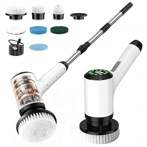 Electric Spin Scrubber, Cordless Bathroom Scrubber with 7 Brush Heads, Adjustable Long Handle Shower Scrubber for Tile Grout, Kitchen Sink, Tub, Floor, Car Wheel, White-te1 - size: 7heads