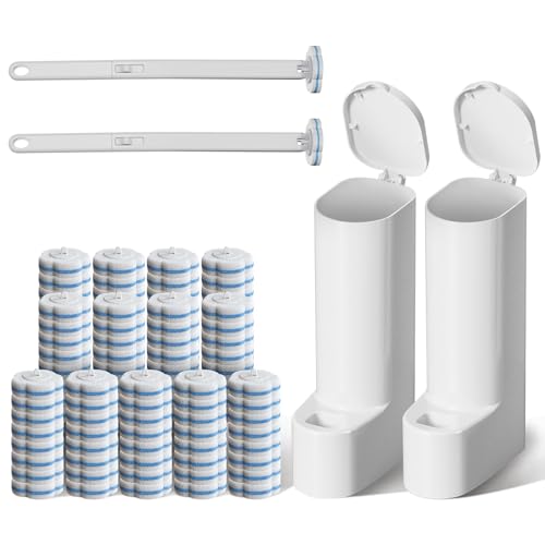 Disposable Toilet Brush Cleaning System, 2pcs Wands with 104pcs Replacement Heads, Stick for Toilet Cleaning,Wands with Refills Pads, Wall Mounted Toliet Wand for Bathroom, Toilet Brush and Holder Set - color: High Base