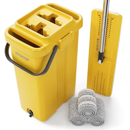 JOYMOOP Industrial Mop and Bucket Set, 17.7-inch Dust Mops for Floor Cleaning, Flat Mop Bucket with Wringer, Include 3 Reusable Microfiber Mop Pads - Yellow - size: 17.7" Mop-head - 60" Mop+3 Mop Pads