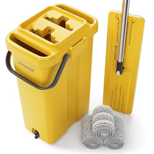 JOYMOOP Industrial Mop and Bucket Set, 17.7-inch Dust Mops for Floor Cleaning, Flat Mop Bucket with Wringer, Include 3 Reusable Microfiber Mop Pads - Yellow - size: 17.7" Mop-head - 60" Mop+3 Mop Pads