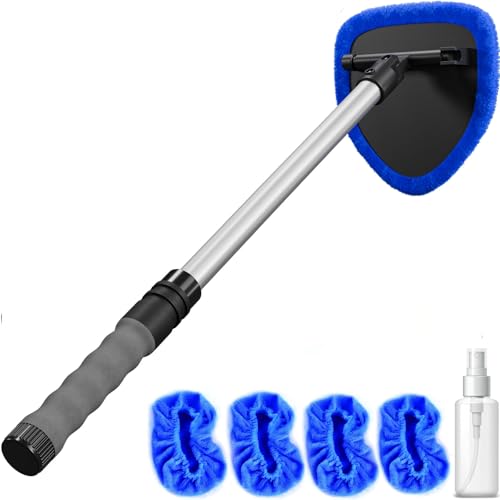 Windshield Cleaner Tool with Extendable Aluminum Handle (Up to 19.7"), Streak-Free Auto Glass Cleaning Kit with 4 Thick Microfiber Pads & Spray Bottle, Inside Window Defogger Accessories - color: Blue