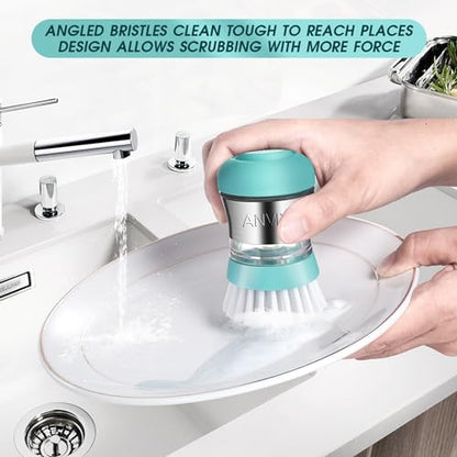 Soap Dispensing Palm Brush – Ergonomic Scrub Brush with Handle – Heavy-Duty Dish Scrubber with Soap Dispenser - Scrub Brushes for Cleaning with Push Button Soap Dispensing-Tiffany Blue