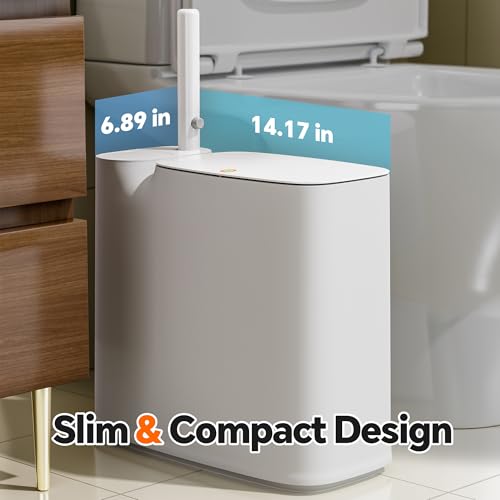 Small Bathroom Trash Can with Lid, Disposable Toilet Brush with 12 Refills, Toilet Bowl Cleaning Wand Set-2 Gallon Silm Garbage can and Toilet Brush Holder for Bathroom, Toilet, RV(White)