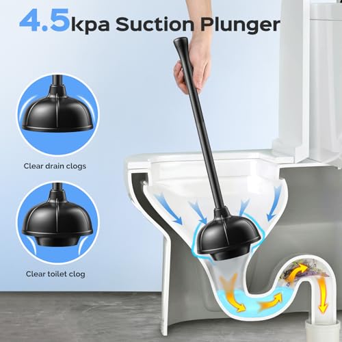 HAMITOR Toilet Plunger and Brush Set: 2 in 1 Stainless Steel Combo with Curved Bristles - Heavy Duty Toilet Unclogging for Family Bathroom - Compact Hideaway Apartment Cleaning Accessories - Black - color: Black
