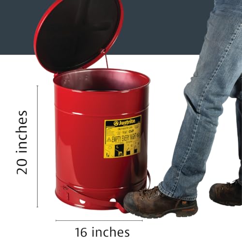 Justrite 14 Gallon Galvanized Steel Oily Waste Can, 20" x 16" Metal Oil Rag Safety Can with Quiet Foot Operated Self-Closing Lid for Oil Rag Disposal, Made in The USA, Red, 09508 - color: Red, size: 14 Gallon, style: Foot-Operated Quiet Lid
