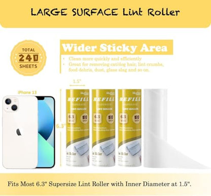 Large Surface Lint Roller Extra Sticky Refills, Total 240 Easy Tear Sheets, Insert Tube Measures 1.5" and Fits Most Supersize 6.3'' Wider Lint Roller, Works Great On Pet Hair(Pack of 4) - size: 6.3" / 240 Sheets