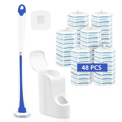JEHONN Disposable Toilet Brush with 48 Wand Cleaner Refills, Wall Mounted Toilet Bowl Brush Holder Set, Bathroom Cleaning System for Sink Bathtub Wash Basin (Blue) - color: Blue