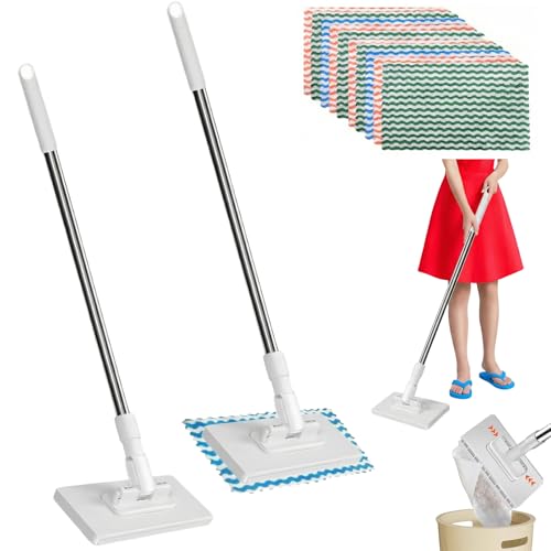 2 PCS Snap Grip Mini Mop Set with 36in Handle & 10 PCS Reusable Cloths, Convenient Cloth Changing Mini Mop Automatic Gripping or Releasing, 360° Rotating Head for Wet & Dry Cleaning, Corners