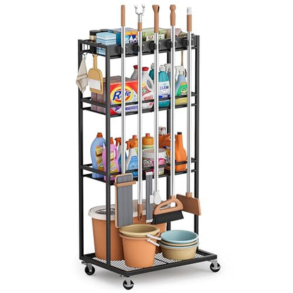 Olakee Taller Broom Holder with Cleaning Supplies Organizer, Broom Closet Storage Cabinet with Mop Hanger Gripper Rack Hooks, Housekeeping Janitorial Cart with Cleaning Caddy, Garage Home Improvement - size: Elevated