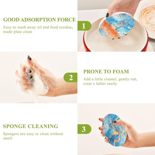 YETTASBIN Marble 3PCS Wood Pulp Scrub Sponges, Reusable Absorbent Household Cleaning Sponge Non-Scratch Kitchen Dish Sponges, Multi-Surface Safe Scrubber for Nonstick Pans, Pots